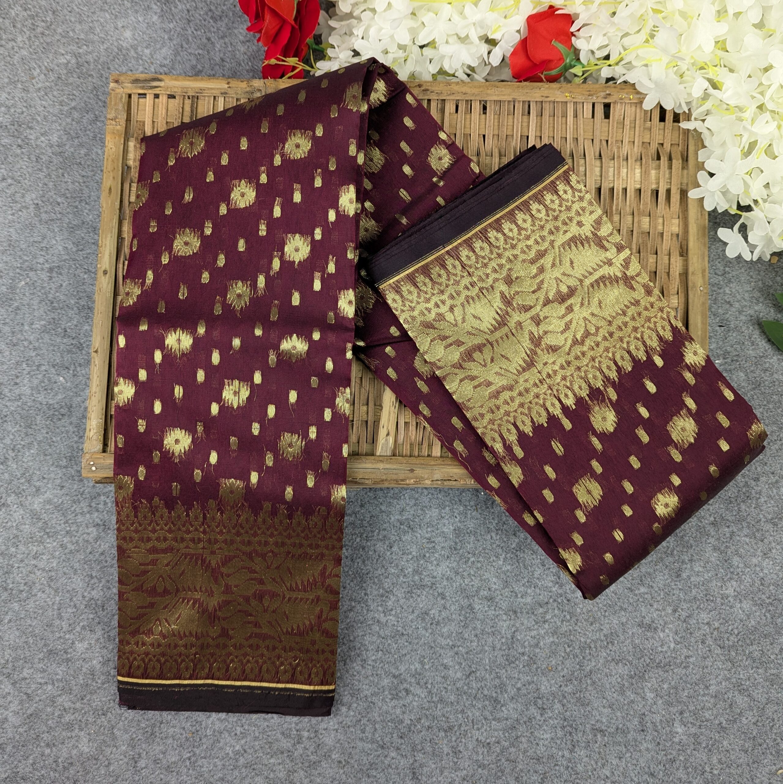 Premium Half Silk Jamdani Saree Combo Set - Maroon - Image 4
