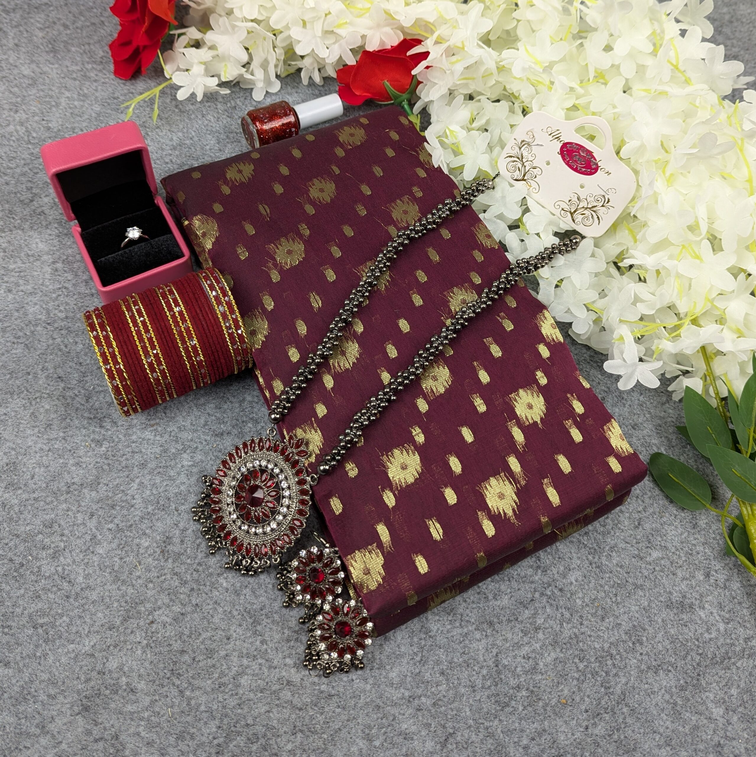 Premium Half Silk Jamdani Saree Combo Set - Maroon - Image 5