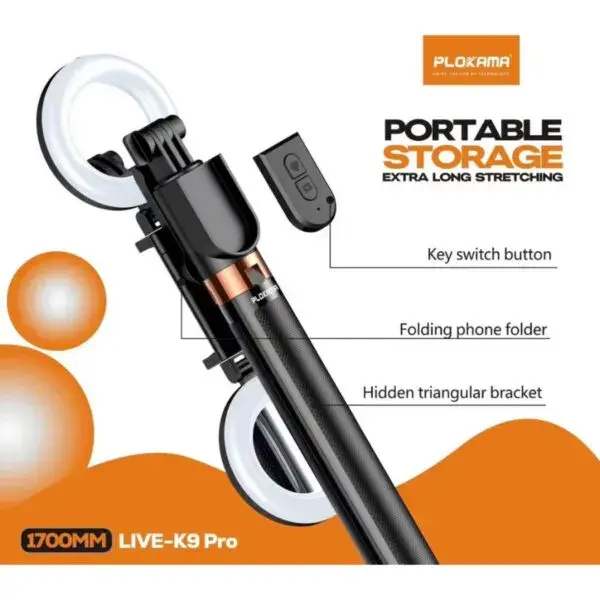 Plokama LIVE-K9 Pro 1700mm Ultra Long Selfie Stick with Tripod Stand & Ring Light – Adjustable, Portable for Mobile Vlogging & Live Streaming - Image 2